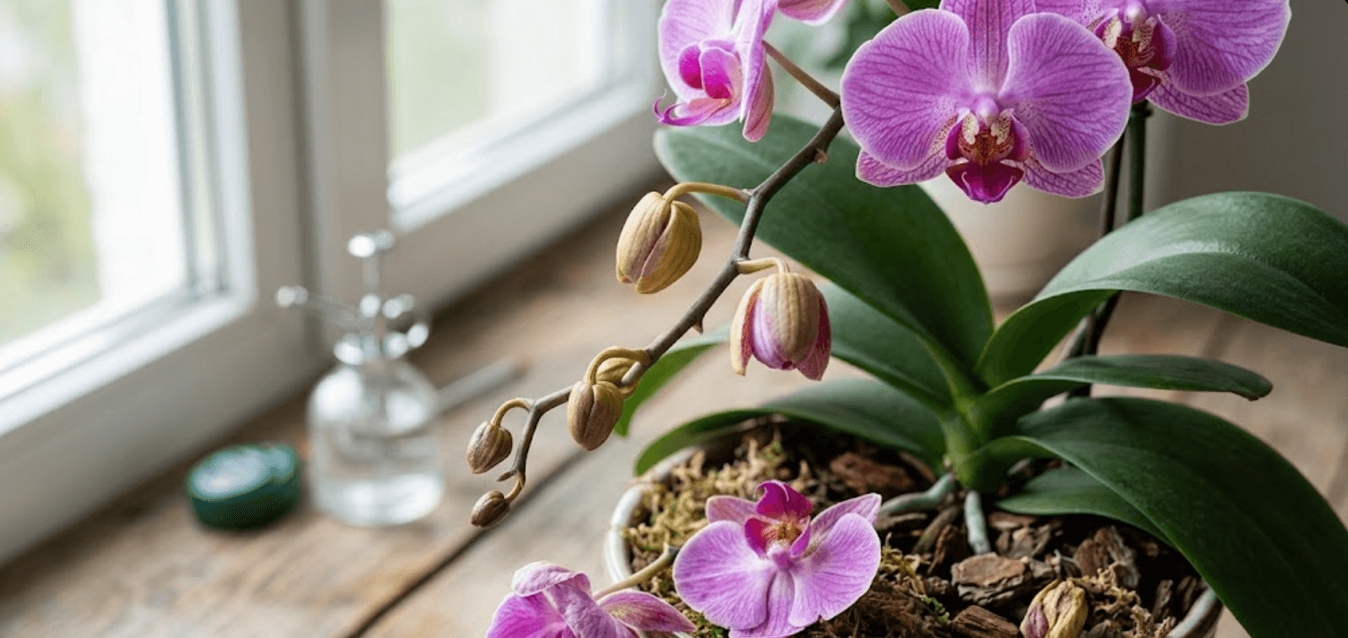 Lan Hồ Điệp trắng trên bệ cửa sổ căn hộ chung cư với ánh sáng tự nhiên